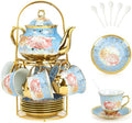 ALIMOTA 20 Pcs Porcelain Tea Set with Metal Holder and Spoon, European Ceramic Tea Set for Adults, European Flower Painting Teapot Cup Saucer Spoon Set for 6, Gift Pack (Blue) by YourLifeCollector