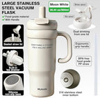 MUHAN 30oz Insulated Tumbler with Handle, Stainless Steel Water Bottle, Travel Mug (Moon White-316 stainless steel inner（Lid+tea strainer+Straw+handle）, MUHAN 30oz Insulated Tumbler with Handle) - Image 2