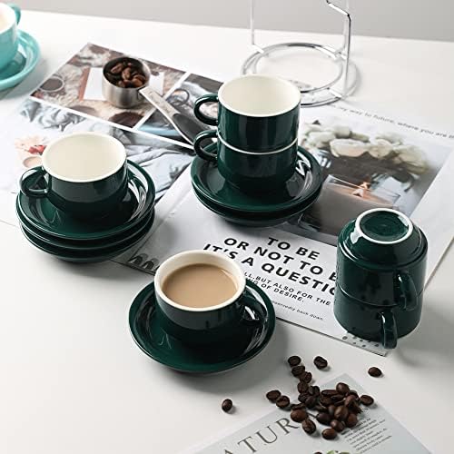 Sweejar Porcelain Espresso Cup & Saucer Set, Stackable Demitasse Cups with Metal Stand, 2.5 OZ for Latte,Coffee,Cafe Mocha,Tea, Set of 6 (Black) - Image 5