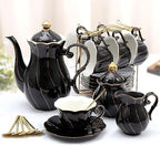 DUJUST 22 pcs Porcelain Tea Set for 6, Luxury British Style Tea/Coffee Cup Set with Golden Trim, Beautiful Tea Set for Women, Tea Party Set, Gift Package (Including a Stand) - Black by DUJUST