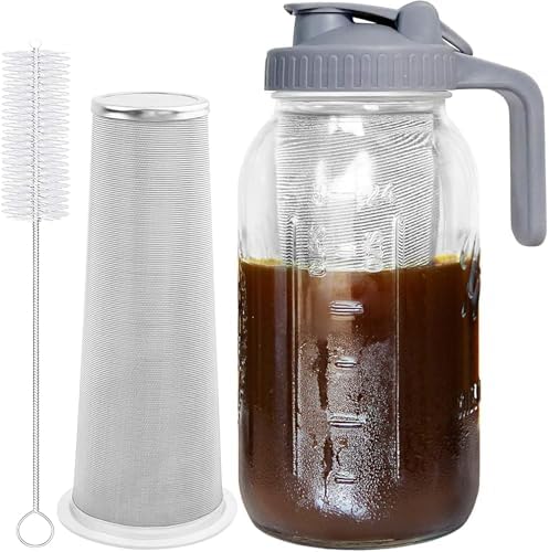 GOSCHE 64oz Glass Pitcher with Lid, Coffee Mason Jar with Pour Spout Lids, Grey by GOSCHE