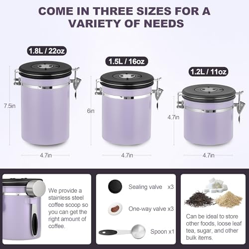 ShanSon Coffee Canister Airtight, Stainless Steel Bean Storage Container with Date Tracker & Scoop, Grounds Sugar Flour Tea Cereal Fits Kitchen Pantry, Ideal Gift for Coffee Lovers,12oz, Purple - Image 3