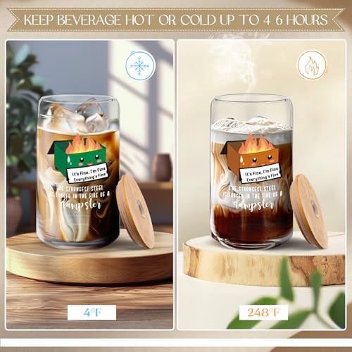 Uiifan 6 Pcs Employee Appreciation Gift Thank You Gifts for Women Men 16oz Glass Cups with Bamboo Lids Straws Bulk Positive Coffee Cup for Coworker Teacher(Dumpster Fire) - Image 3