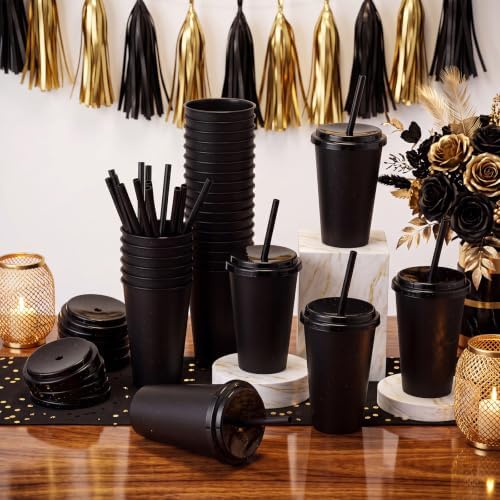 Honeydak 30 Pack Reusable Plastic Tumblers with Lids and Straws 12oz Colorful Cold Drink Cups Bulk Travel Mug Leak Proof Party Iced Coffee Cups for Summer Party Birthday Gift (Glitter,Black) - Image 2