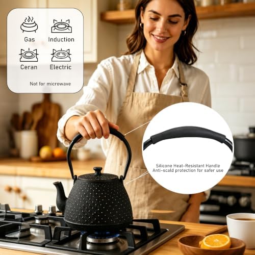 Cast Iron Teapot with Infuser, 42 oz (1250 ml) Large Japanese Tea Pot for Loose Leaf Tea, Enamel Interior, Stovetop Safe, Heat Retaining Design for Family & Friends Sharing, Black - Image 3