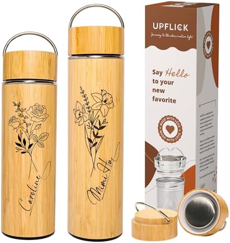 Custom Bamboo Water Bottle Personalized Bamboo Tumbler Engraved with Tea Infuser Insulated Tea Infuser Mug Unique Gifts for Women, Mom, Coworkers (Birth flower+signature) (Style A) by UPFLICK