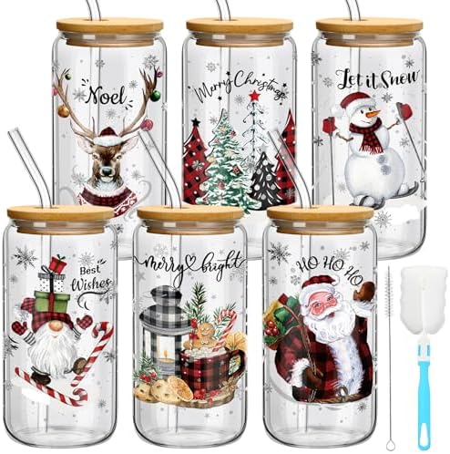 6 Set Christmas Glasses Cups with Bamboo Lid and Glass Straw 16 oz Christmas Drinking Cup Red Black Santa Gingerbread Beer Iced Coffee Cup Xmas Tumbler Mugs for Women Men Holiday Party Gifts by Yetene