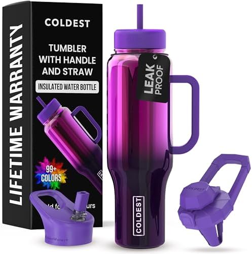 Coldest Tumbler with Handle and Straw - 100% Spill Proof Tumbler with Straw (3 Lids) - Stainless Steel Insulated Leakproof Tumblers for Women & Men - Cup Holder Friendly - 46 oz (Purple Nova) by Coldest