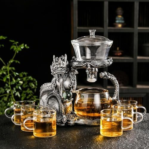 Glass Teapot Set with Infuser Semi Automatic Dragon Tea Set with 6 Small Cups (silver dragon) by zurucily
