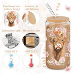6 Set 16oz Christmas Glass Cups with Lid and Straw, Highland Cow - Image 4