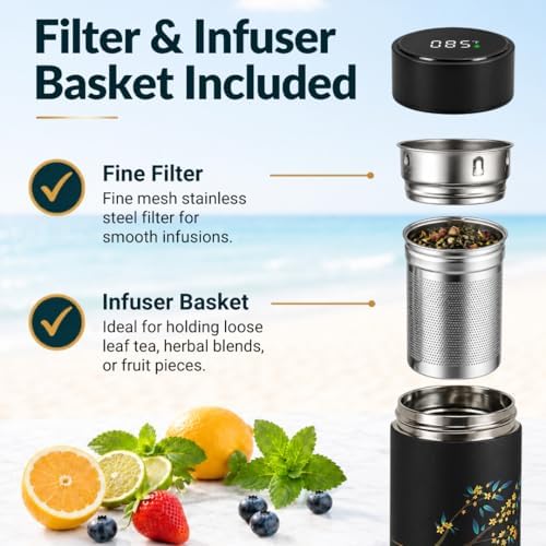 Farasi Tea Infuser for Loose Leaf Tea Smart Water Bottle with Fahrenheit Temperature Display, Stainless Steel Insulated Coffee and Fruit Tea Infuser Bottle - Floral Travel Tea Mugs 15 oz (Black) - Image 5