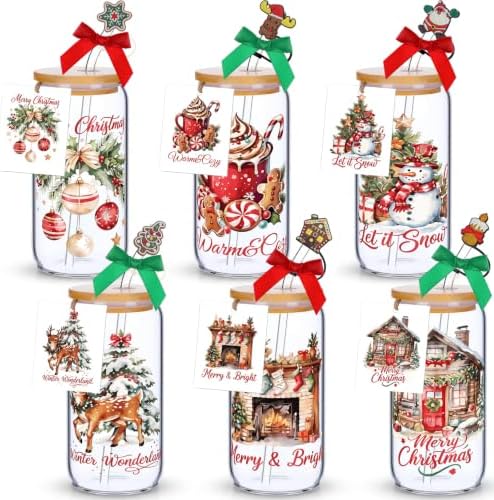 Vesici 6 Set Christmas Glasses Cups 16 oz Xmas Drink Cup with Lid Straw and Stopper Can Shaped Beer Tumbler Xmas Appreciation Gifts with Cards and Bow for Women Birthday Party Favor(Elegant Christmas) by Vesici