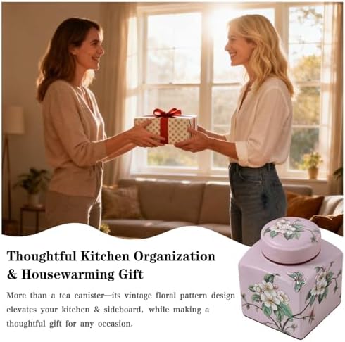 Coffee Bean Storage Canister with Airtight Lid, Decorative Ceramic Tea Jar with Vintage Floral Pattern, Sugar Container & Spice Jar for Kitchen Countertop, Cabinet or Shelf - Pink & 30oz - Image 7