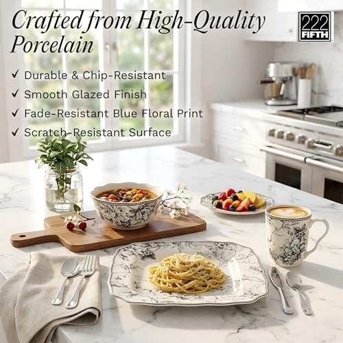 222 Fifth Adelaide Grey 16-Piece Floral Porcelain Dinnerware Set | Microwave and Dishwasher Safe Dining Set for 4 | Stackable and Chip-Resistant Plates Bowls and Cups | Gift for Housewarming & Wedding - Image 6