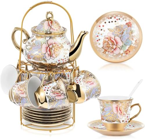 Zhehao 20 Pcs Porcelain Tea Set for Adult, with Metal Holder, Rustic by Zhehao