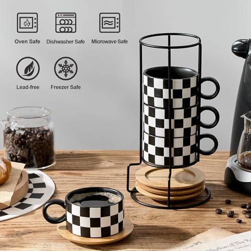 LUKA 6 Ounce Ceramic Stackable Black and White Checkered Espresso Cups with Saucers and Metal Stand Set of 4, Cappuccino Cups Set for Coffee Drinks, Latte, Cafe Mocha and Tea, Black Interior - Image 4