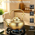 2L/67.6oz Gold Tea Kettle, Hammered Stovetop Teapot with Removable Fine Mesh Infuser, Stainless Steel Rust-proof Vintage Water Boiler for Induction/Gas, Home Office Camping Gift - Image 4