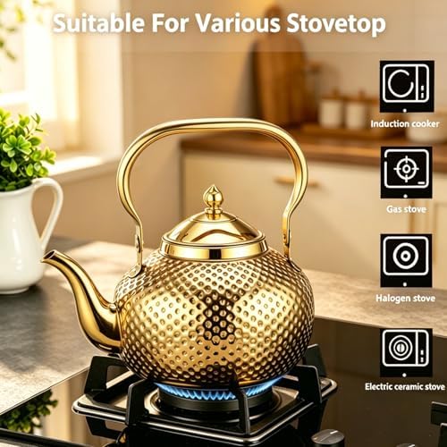 2L/67.6oz Gold Tea Kettle, Hammered Stovetop Teapot with Removable Fine Mesh Infuser, Stainless Steel Rust-proof Vintage Water Boiler for Induction/Gas, Home Office Camping Gift - Image 4