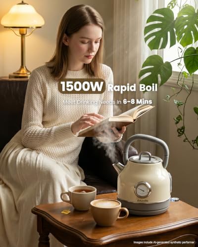 Amaste Retro Electric Kettle with Thermometer, 57 Oz Capacity, Cream White - Image 2