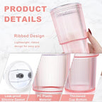 6 Pcs 20oz Acrylic Ribbed Tumblers with Lid and Straws Pink Plastic Reusable Iced Coffee Cups with Lid Unbreakable Vintage Ribbed Drinking Glasses Tumbler for Juice Smoothie Beverage with Clean Brush - Image 5