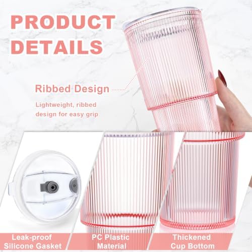 6 Pcs 20oz Acrylic Ribbed Tumblers with Lid and Straws Pink Plastic Reusable Iced Coffee Cups with Lid Unbreakable Vintage Ribbed Drinking Glasses Tumbler for Juice Smoothie Beverage with Clean Brush - Image 5