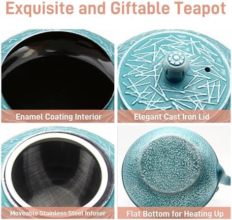 Cast Iron Tea Kettle,SECHUDO Teapot Coated with Enameled Interior for Loose Tea,Cast Iron Teapot with Stainless Steel Infuser for Stovetop Safe (30.4oz-Pattern-5) - Image 4