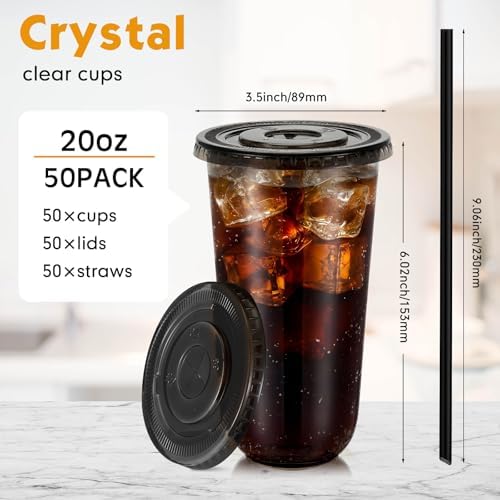 Ziliny 50 Sets 20oz Black Plastic Cups with Lids and Straws Disposable Cups - Image 3