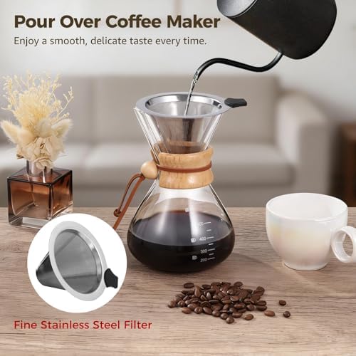 Pour Over Coffee Maker, 20 Oz Heat Resistant Borosilicate Glass Carafe With Stainless Steel Filter And Wood Collar For Camping, Hiking, Home, Office - Image 4