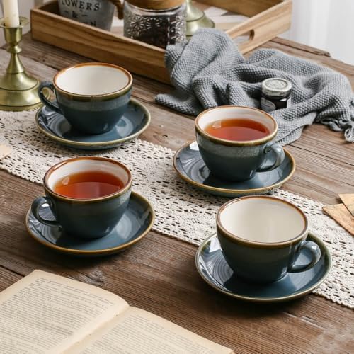SHUER Ceramic Cappuccino Cup Set of 4, 11.2 OZ Cups and Saucers Set,Coffee Mocha Cup Sets,Black Coffee Cups and Glaze Americano Mug Great for Party and Low Tea Time (Blue 320ml) - Image 2
