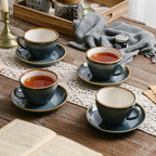 SHUER Ceramic Cappuccino Cup Set of 4, 11.2 OZ Cups and Saucers Set,Coffee Mocha Cup Sets,Black Coffee Cups and Glaze Americano Mug Great for Party and Low Tea Time (Blue 320ml) - Image 2
