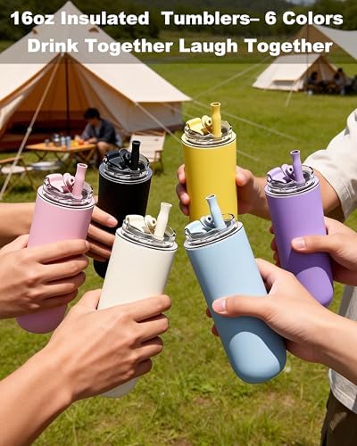 6 Pack 16 oz Insulated Coffee Tumblers, Travel Coffee Tumblers with Straw - Image 2