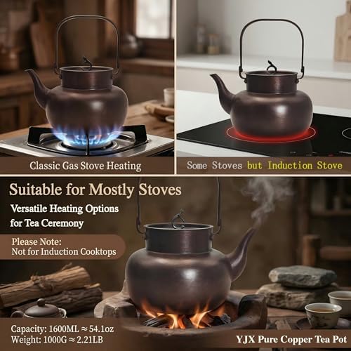 YJX 54.1oz Pure Copper Tea Kettle For Stovetop, Non-Coating Copper Teapot, 1600ML Large Tea Pot, Real Copper Kettle with Tea Ball for Loose Tea, Vintage Craftmenship for Home Deco, Chinese Tea Set - Image 5