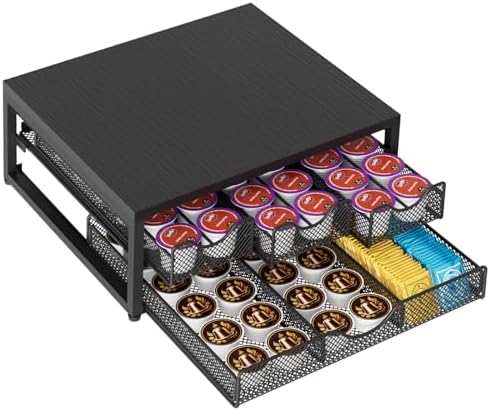 Coffee Pod Holder For Counter, 3 Pull-Out 72 K-Cup Holder Drawer, Wooden Cafe Pods Storage Organizer with Sliding Drawers for Coffee Station, Home, Kitchen, Office, Dorm (Black) by NEYCIL