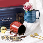 HASENSE Ceramic Coffee Mug Set of 2, 20 Oz Tea Cups for Women and Men, Handmade Large Latte Mugs with Handle, Gift Box with Coaster & Gold Spoon, Perfect for Christmas Thanksgiving, Blue & Red - Image 4