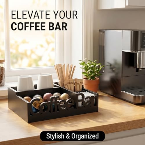 Coffee Bar Organizer Countertop,Wood Caddy with Compartments for Pods,Black - Image 2