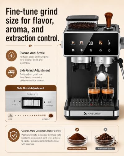 AMZCHEF Espresso Machine with Grinder, 20 Bar, Latte & Cappuccino, Black - Image 3