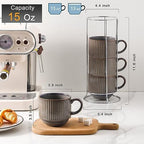 HASENSE Porcealin Coffee Mugs, Stackable Coffee Cups Set of 4 with Stand - 15 oz Large Ceramic Ribbed Latte Cup Set for Cappuccino, Tea, Hot Cocoa, Drinks - Dishwasher & Microwave Safe, Brown - Image 3