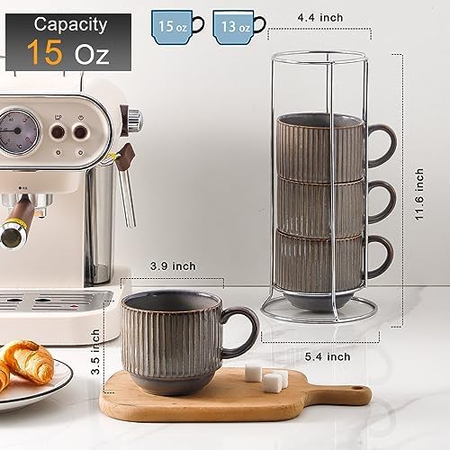 HASENSE Porcealin Coffee Mugs, Stackable Coffee Cups Set of 4 with Stand - 15 oz Large Ceramic Ribbed Latte Cup Set for Cappuccino, Tea, Hot Cocoa, Drinks - Dishwasher & Microwave Safe, Brown - Image 3