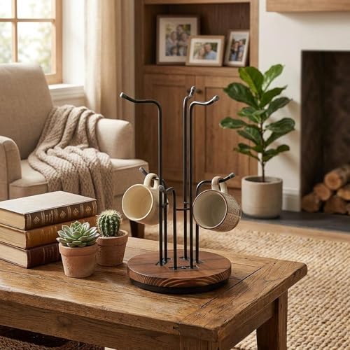 Coffee Mug Holder Mug Stand Tree Rotated Hooks Cup Holder Wooden Anti Slip Easy Assembly Organizer Suitable for Housewarming Coffee Bar, 6 Hooks - Image 2