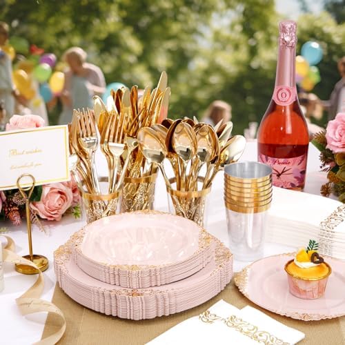 YOUBET 700 PCS Pink and Gold Plastic Dinnerware Set for Wedding Party - Image 4