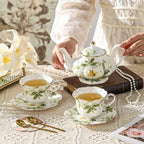 TATSUMI Country Roses Porcelain Tea Set, European Ceramic tea set for one or two,Vintage Style, For Women and Tea Parties (Green, 7 Pieces Set) - Image 5