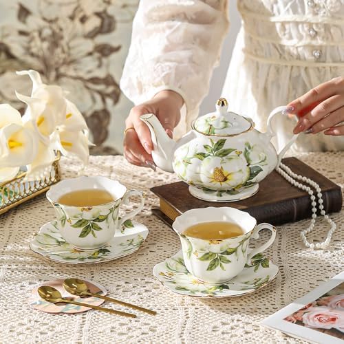 TATSUMI Country Roses Porcelain Tea Set, European Ceramic tea set for one or two,Vintage Style, For Women and Tea Parties (Green, 7 Pieces Set) - Image 5