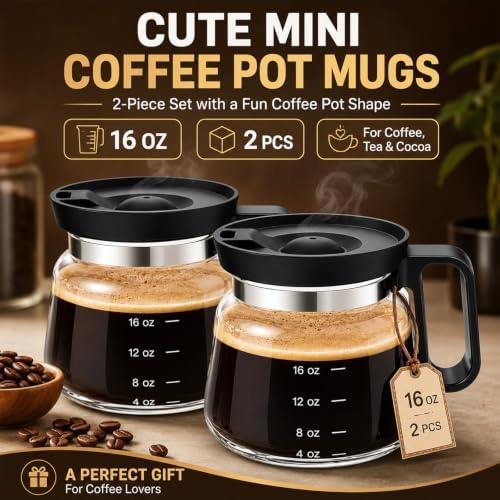 2PCS Mini Coffee Pot Mug,16 Oz Glass Travel Cup Maker Looks like Pot with Spill Proof Lid, Funny Novelty Small Unique Shaped Cool Clear Home Office Gifts for Hot Teas, No Ceramic - Image 2