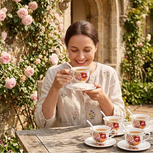 Pumtus Tea Cups and Saucers Set of 6, 8 OZ Vintage Ceramic Teacups with Spoon, Floral Rose British Coffee Mug, Elegant Bone China Cup Gift Set for Cappuccino, Espresso, Latte, Afternoon Tea Party - Image 4