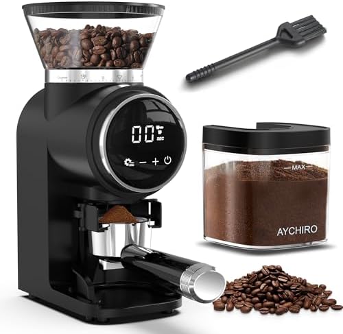 AYCHIRO Electric Conical Burr Coffee Grinder, Coffee Mill with 30 Precise Grind Settings, Portafilter Holder & 2-12 Cup Selector for Espresso, Drip, French Press, Black silver by AYCHIRO