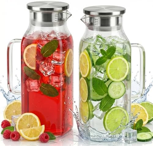 2 Pack Square Glass Pitcher with Lid and Handle, 68 oz 2 Liter Borosilicate by Unknown