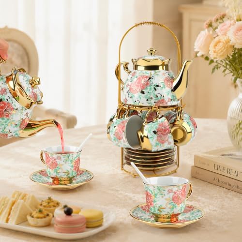 20 Piece Porcelain Tea Set with Metal Holder European Floral Pattern Tea Pot Tea Cup Tea Saucer Teaspoon for Women Adult Party Large Version - Image 7