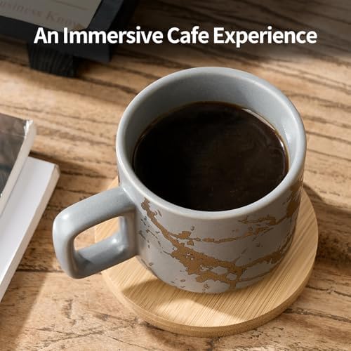 LUKA Porcelain Espresso Cup with Saucer and Metal Stand, 4 Ounce Stackable Ceramic Demitasse Espresso Mugs Cups Set for Latte, Specialty Coffee Drinks, Cafe Mocha,Tea - Set of 4, Gray - Image 3