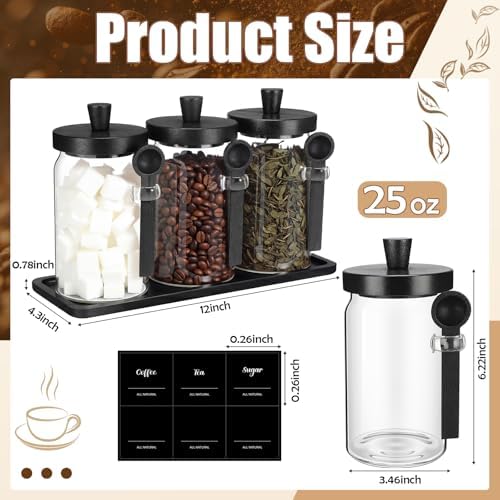 Suclain 3 Pcs Glass Coffee Container Set, 25 oz, Black Bamboo - Image 2