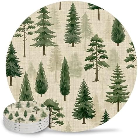 Green Christmas Tree Absorbent Ceramic Coasters Set of 4, Xmas Pine Trees Natural Forest Rustic 4" Round Drink Coasters with Cork Base, Coffee Mugs Mats for Housewarming Gift/Bar/Holiday Party by Unknown